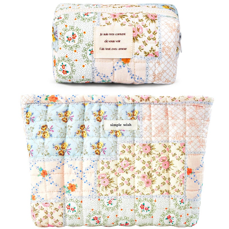 Sminra 2 Pieces Floral Makeup Bag  Cute Travel Quilted Pouch Cosmetic Bag Organizer  Small Cotton Coquette Aesthetic Purse Toiletry Bag for Women Girls accessories (Blue Flower-2PCS) - Image 1